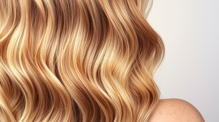 Naklejka premium Gorgeous Long Wavy Blonde Hair with Beautiful Sun-Kissed Highlights Against a Soft Neutral Background, Perfect for Beauty and Haircare Visuals