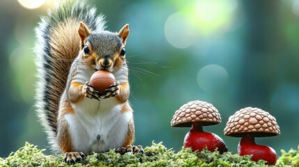 Obraz premium Cute fluffy squirrel holding nut standing on mossy ground near red and white spotted mushrooms autumn forest nature wildlife outdoors