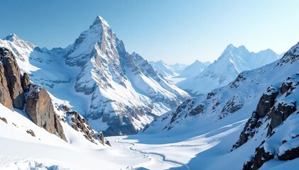 Snow-covered mountain range with rocky outcrops, snow covered, rugged