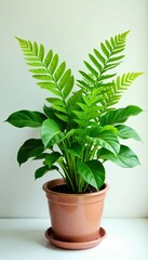Fototapeta premium Green Chlorophytum fern with big leaves in big pot, houseplants, plant