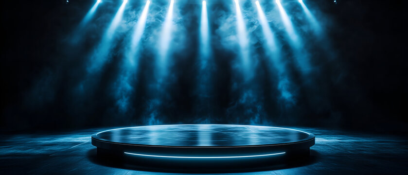 empty blue dais with stagelights illuminating in the back; copy space; perfect for product exposure, winner festive announcement, 2025 summaries and rankings