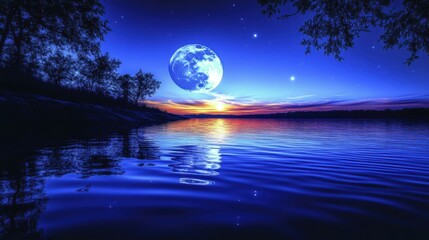Full moon glowing bright over calm lake water at dusk with silhouetted trees and starry sky perfect for nature, astronomy, or peaceful night scene backgrounds