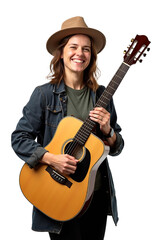 Female Musician Holding Large Acoustic Guitar on Transparent Background