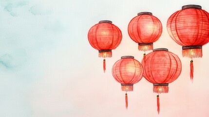 Obraz premium Chinese New Year luck and parade, Vibrant red lanterns float against a soft blue background, creating a festive and serene ambiance.