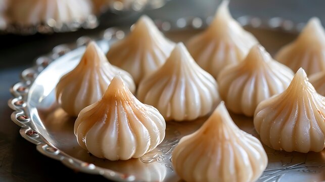 Closeup of a modak sweet on a metal platter that has a fresh appearance