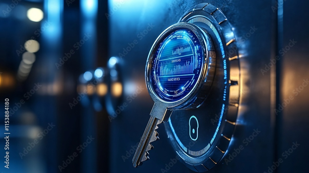 Poster futuristic holographic key unlocking a digital safe with success metrics and data visualization disp