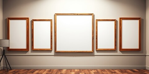 Empty wooden picture frames on a wall in a room
