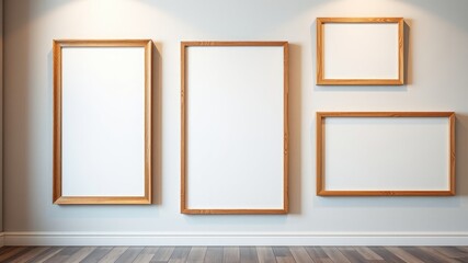 Empty wooden picture frames on a light wall in a room with hardwood floors