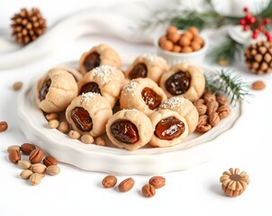 Fototapeta premium A plate of sweet pastries filled with jam, garnished with nuts, perfect for festive occasions.