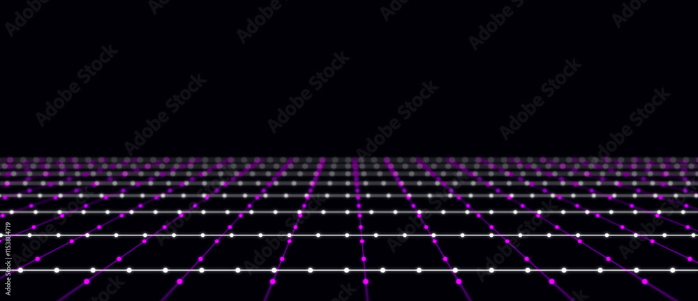 Poster Abstract grid with pink light on black background. Science background with moving dots and lines. Network connection technology. Digital structure with particles. 3d rendering.