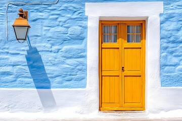 Casas minimalistas en Lanzarote iluminadas por el sol con puertas amarillas y paredes azules