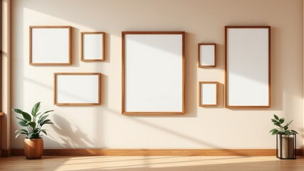 Minimalist interior with blank wooden frames and potted plants on a light beige wall