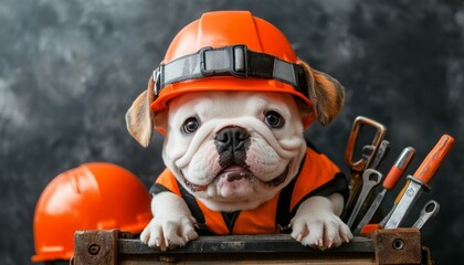 Fun costume fashion for adorable pets. Bulldog puppy in construction gear with tools and helmets.