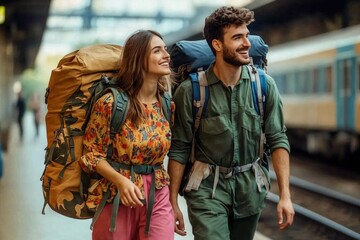 Fototapeta premium A couple dressed colorfully and waiting for a train in a train station, carrying backpacks and preparing to leave on a holiday.