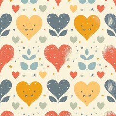 A colorful pattern featuring hearts, leaves, and stars, perfect for fabric or wallpaper design.