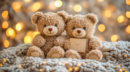 Two adorable teddy bears sit together on a cozy blanket, surrounded by soft lights, exuding warmth and charm.