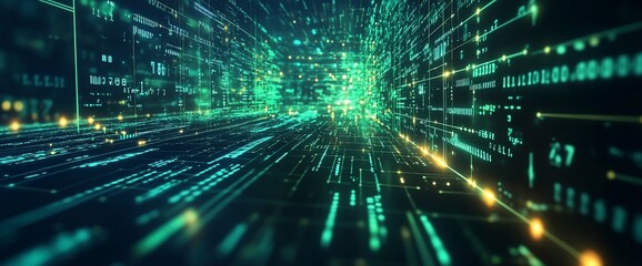 Obraz premium Abstract digital landscape with flowing data streams and glowing particles.