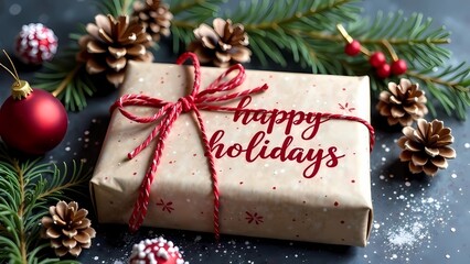 A composition of holiday items, including a wrapped gift and pine cones, with a &ldquo;Happy Holidays&rdquo; greeting.