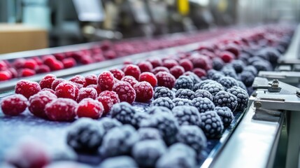 Frozen Berries on a Conveyor Belt in a Food Processing Plant