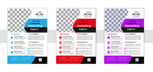 A bundle of 3 templates of different colors a4 flyer template, modern business flyer template,  Business abstract vector template. Brochure design, cover modern layout, annual report, poster. 