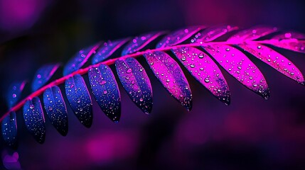 Dew drops on vibrant purple and blue leaf.