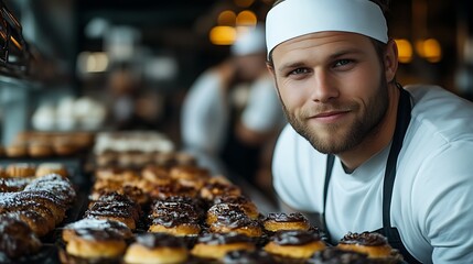 Confident baker smiling behind pastries.