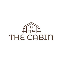 Wooden cabin and pine forest logo design isolated white background