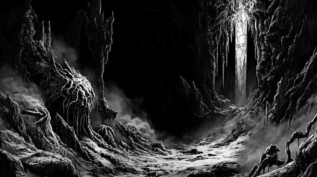 Desolate chthonic nightmare realm with eldritch abominations emerging from shadows. Crevasse. Illustration