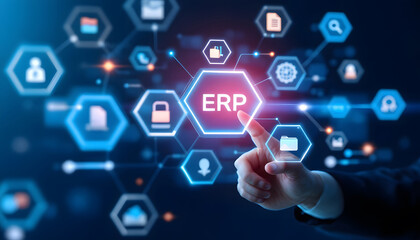 Fototapeta premium ERP System, Hand Touching Digital Interface, Enterprise Resource Planning, Business Technology Concept, Integrated Business Solutions, ERP and Digital Network