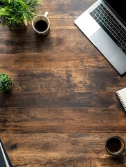 Desktop mix on a wooden office table background. View from above.