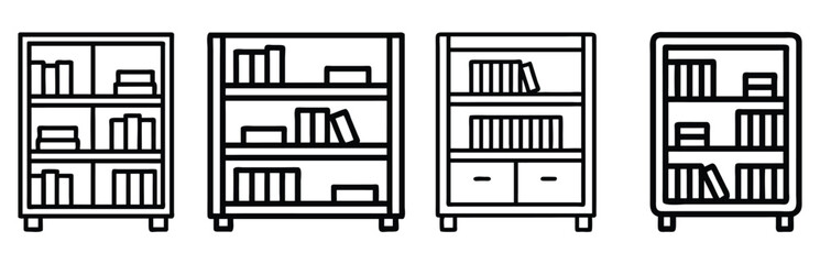 Bookshelf Icons in Minimalist Outline Style, Set of four bookshelf illustrations in outline style, featuring various designs with shelves holding books and storage compartments.
