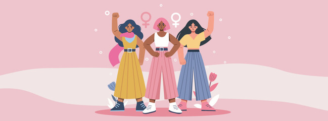  Vector illustration with space for text for holidays women's day, equality day, feminism day. Women feminist activists of different skin colors stand together in protest for equality, empowerment