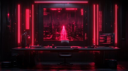 Futuristic red-lit control room with cityscape display.