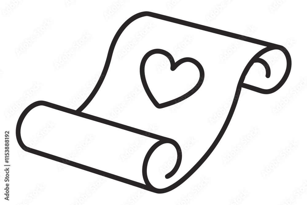Poster outlined minimal design of paper scroll with a heart outline with intricate and meaningful elements 