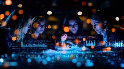 Fototapeta premium Group of Professionals Analyzing Data on Digital Tablet in Modern Office Environment