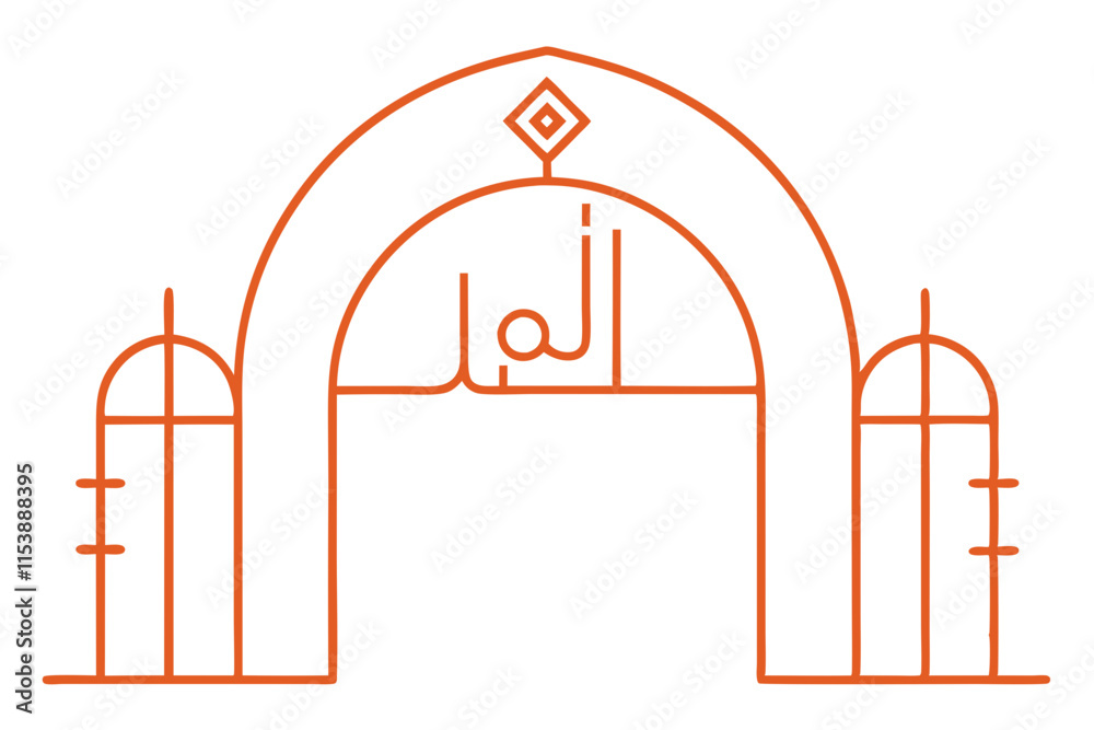 Poster outlined minimal design of archway composed of diverse scrip with intricate and meaningful elements 