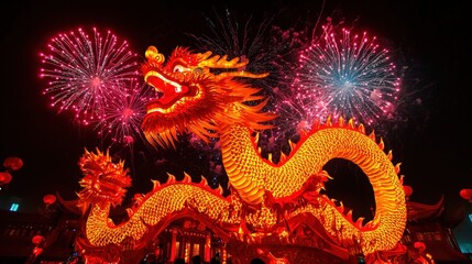 Chinese New Year luck and parade, A vibrant dragon lantern illuminated against a night sky, surrounded by colorful fireworks, celebrating a festive occasion.