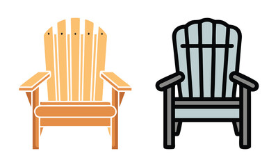Adirondack Chair Icons in Color and Outline, Pair of Adirondack chair illustrations, featuring classic wooden slat designs in vibrant color and bold outline styles for outdoor settings.
