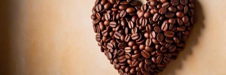 Heart made of coffee beans, place for inscription, coffee, roasted grain, brown, heart, bean, cafe, beans, drink, caffeine, love, roasted, symbol. copy space banner