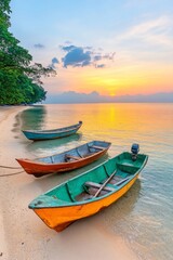 Fototapeta premium Casas de pescadores iluminadas por la luz del atardecer en una hermosa playa