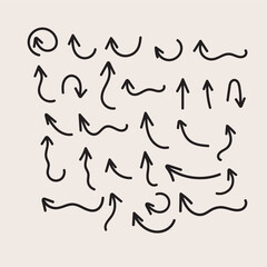  A collection of hand-drawn arrow vector icons, ideal for business planning and educational purposes. The set includes various arrow designs, such as circular arrows, rotating arrows