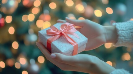 Woman's hands holding a small gift box with a peach ribbon in front of a blurred Christmas tree.