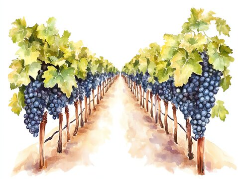 Lush vineyard watercolor illustration showcasing ripe grapes and green leaves.