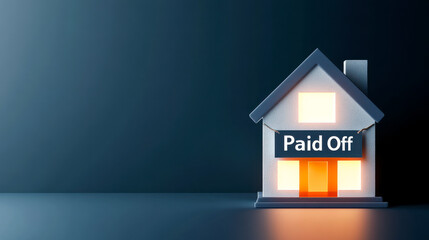 A model house with a glowing sign that reads "Paid Off," symbolizing mortgage freedom and financial success against a dark background.