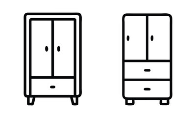 Minimalist Wardrobe Icons with Drawers, Set of two vector wardrobe illustrations in outline style, featuring double doors and drawers for a clean, modern look.
