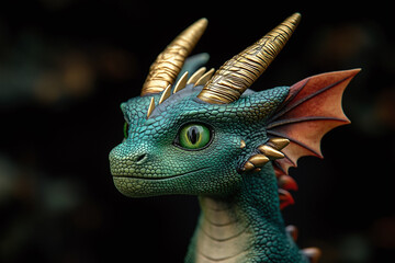 Fototapeta premium vibrant green dragon with golden horns and striking green eyes, showcasing intricate scales and detailed features. This mythical creature exudes sense of wonder and fantasy