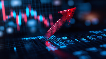 red arrow pointing upwards symbolizes growth in stock market trends, with digital graphs and data in background. This conveys sense of financial success and optimism