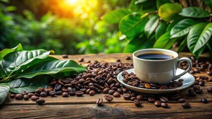 A cup of black coffee with aromatic coffee beans and fallen coffee leaves on a wooden table, surrounded by lush greenery , coffee beans, fall foliage