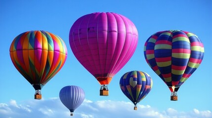 Fototapeta premium Colorful hot air balloons floating gently, vibrant skies, travel adventure concept, perfect for travel blogs, summer festivals, vacation promotions, clear blue sky and clouds background bright mood