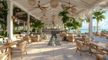 A stylish beachfront restaurant with tropical decor and a serene ocean view.